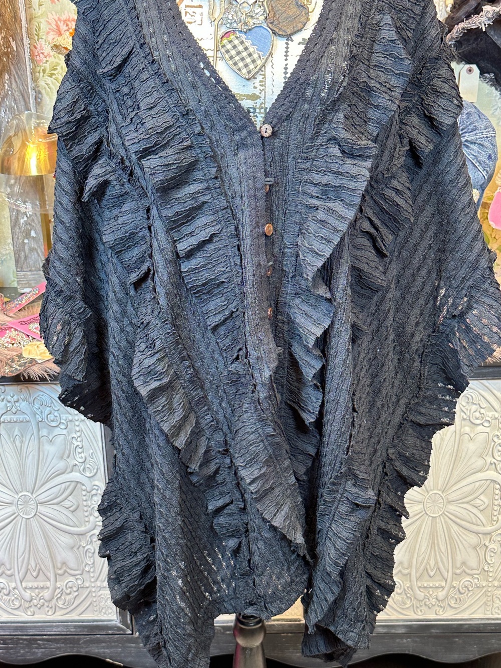 Blue Velvet Ruffle Poncho Top-Black - Picture 5 of 10